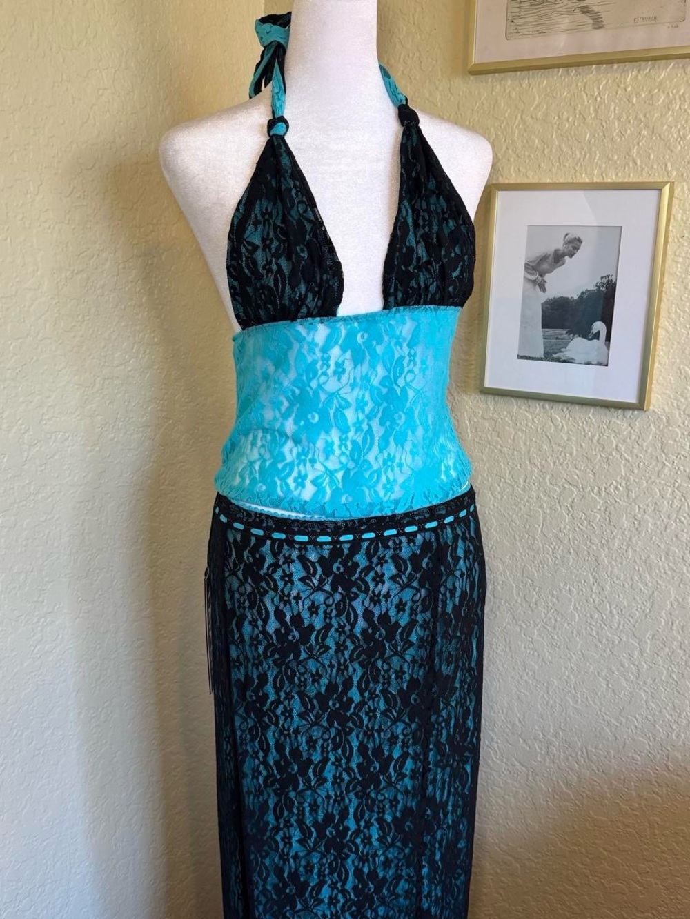 iamgia NWT Black + Teal Blue Marcella Reversible Lace Maxi Skirt Set
